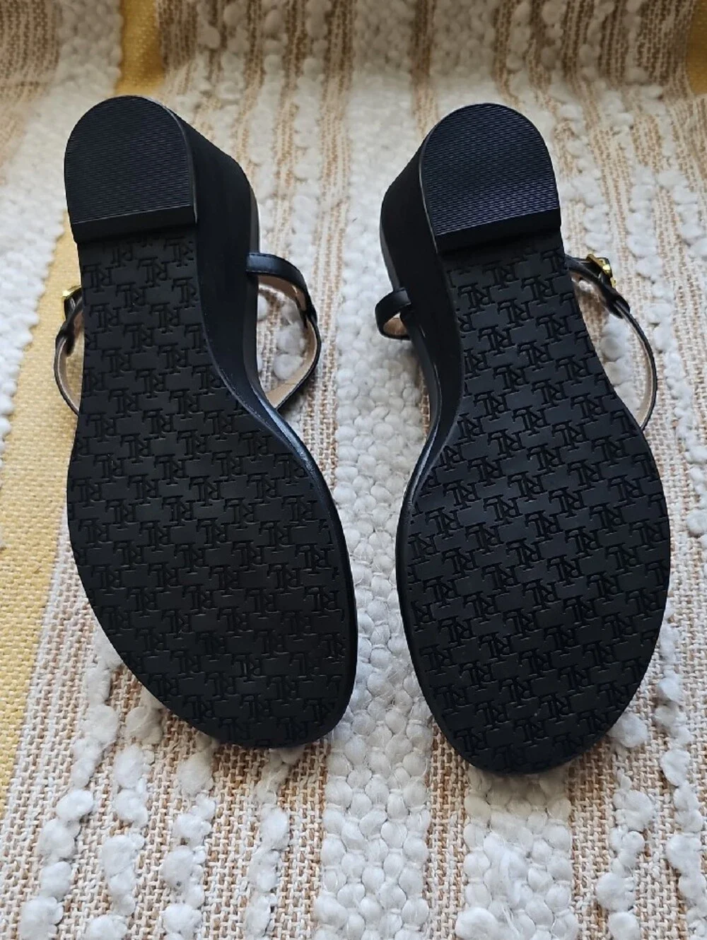 Lauren Ralph Lauren Black Gold RL Logo Wedge Sandals